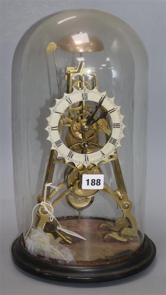 A Victorian brass skeleton clock under glass dome H approx 40cm (overall)